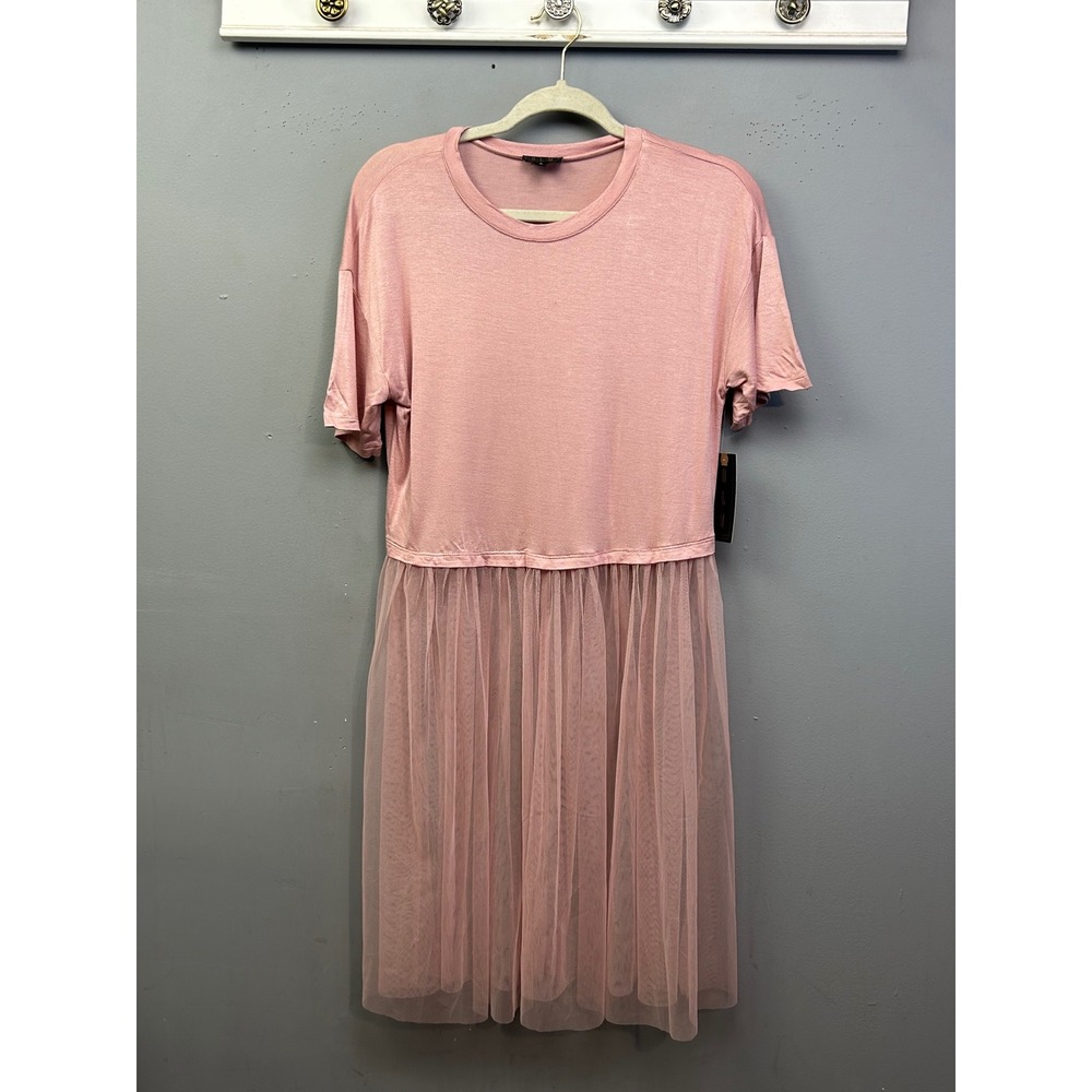 OLM Dress‎ Womens Small Pink Tulle Sheer Skirt Mixed Media Short Sleeve NEW